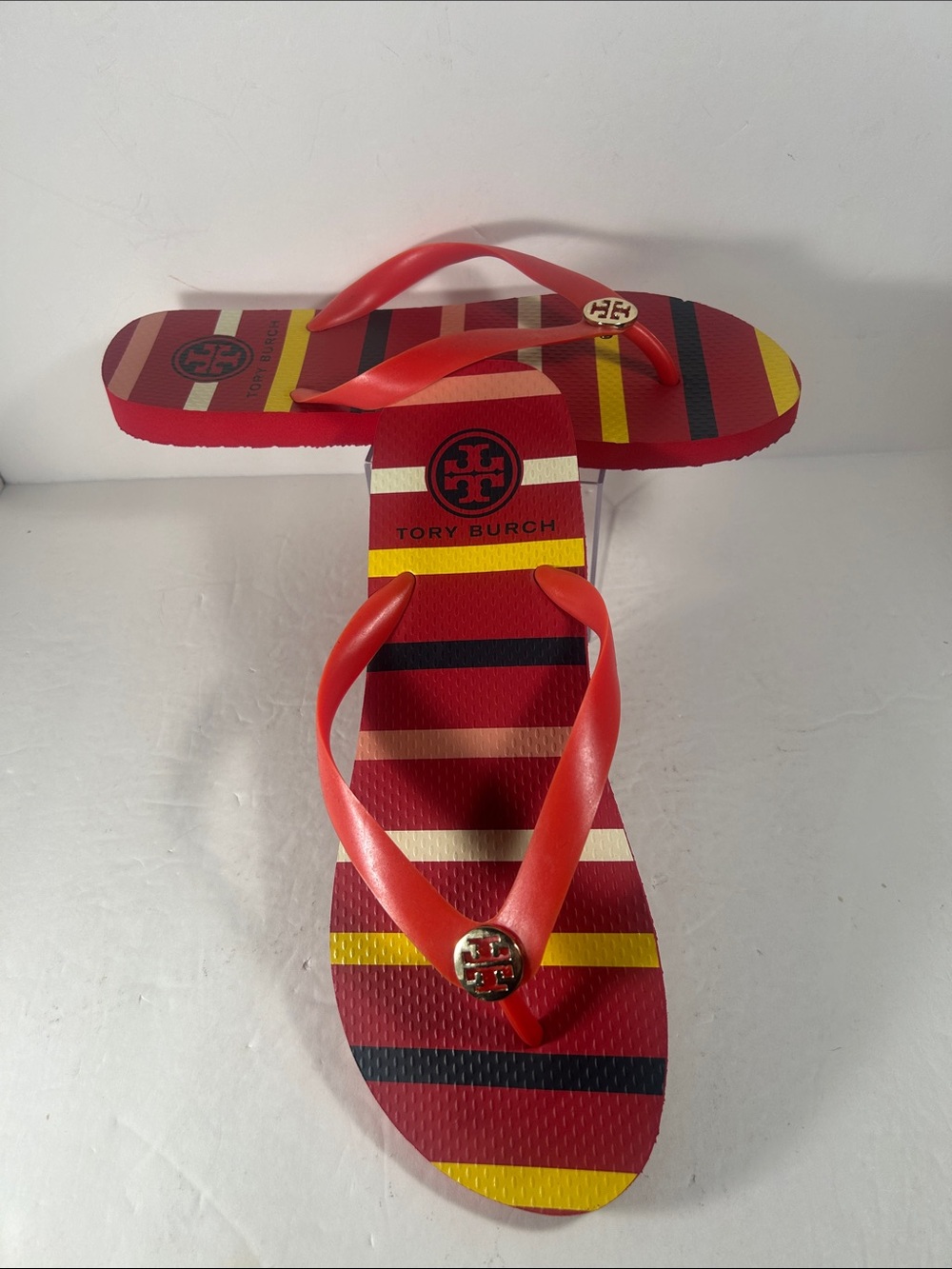 Tory Burch Red Multicolor Striped Logo Flip Flops. Size 9-9.5